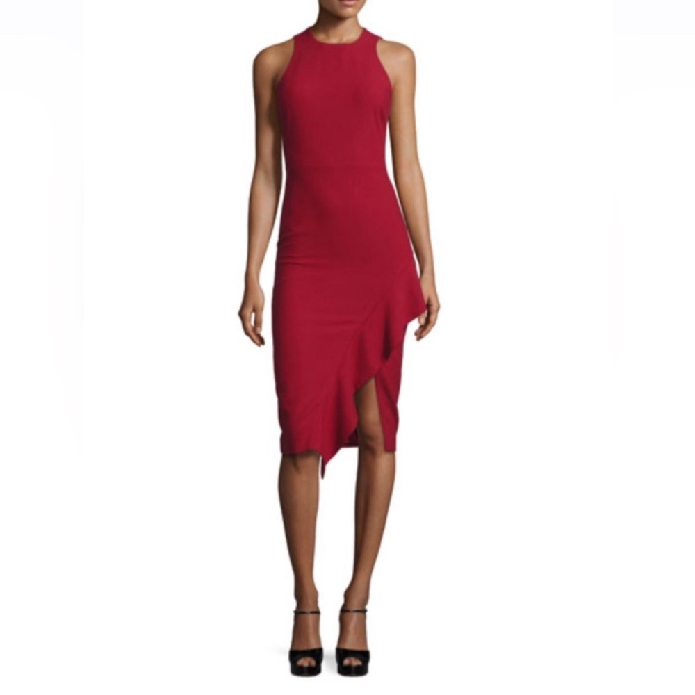 Cinq a Sept Piper Ruffle Midi Asymmetrical Dress in Pomegranate Size‎ 2